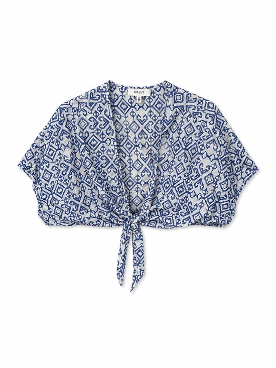 Milly Tops - Milly Blue & White Tie-Front Geometric Crop Top